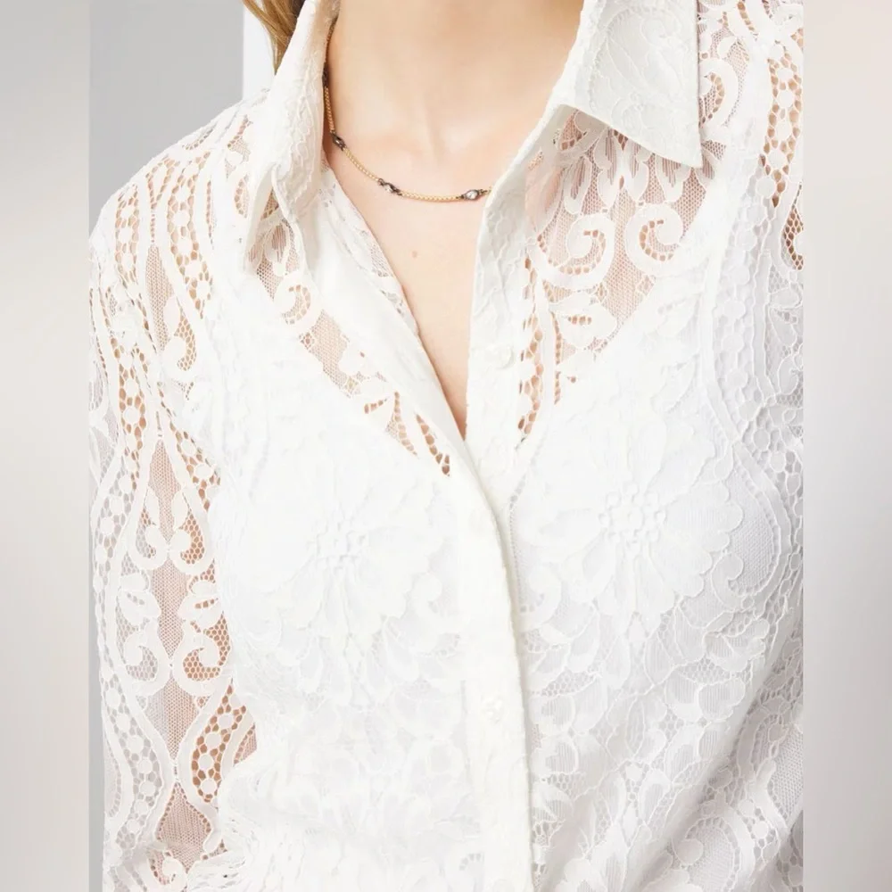 White House Black MarketLong Sleeve  Lace Button Down Shirt in Ecru Size Medium - Picture 2 of 7